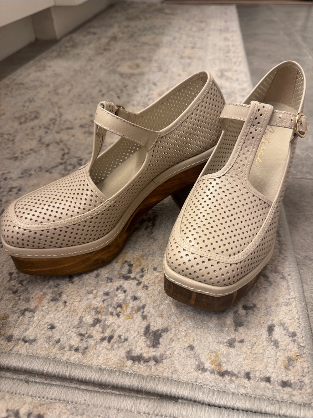 Matisse Enzo Beige Perforated T-Strap Wooden Block Heels